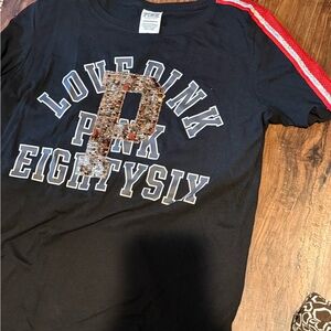 PINK Victoria's Secret Black Short-Sleeve Tee with Sequin 'P' and Red Stripe